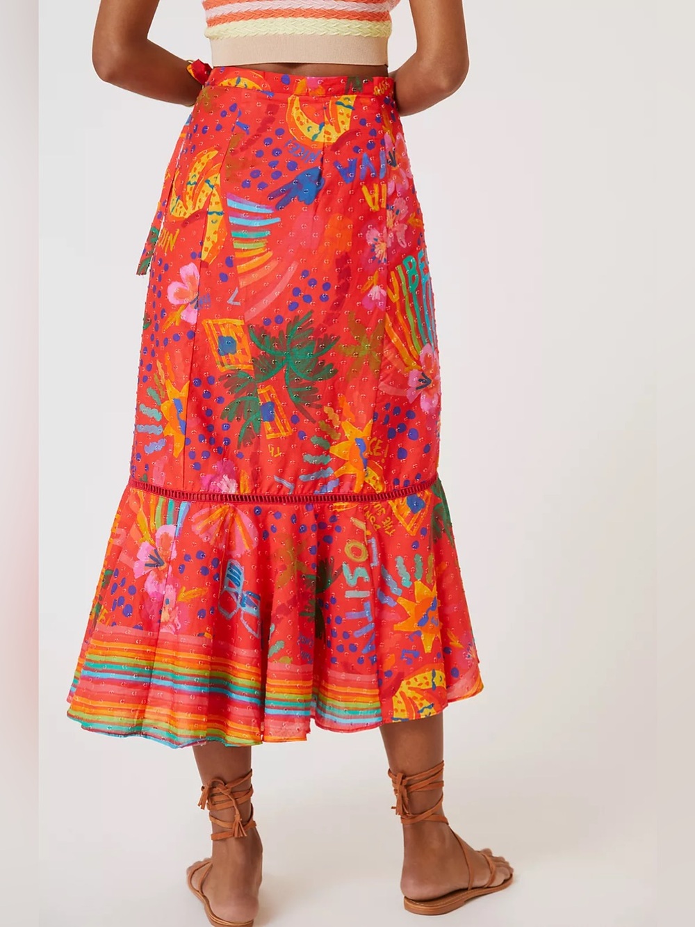 Anthropologie Farm Rio Wrap Maxi Ruffle Skirt Red Summer Beach Vibes Print M NWT - Picture 4 of 12